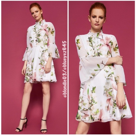 Ted Baker Ruffle Bow Neck Dress in Harmony Floral 1/US4 - Picture 1 of 5